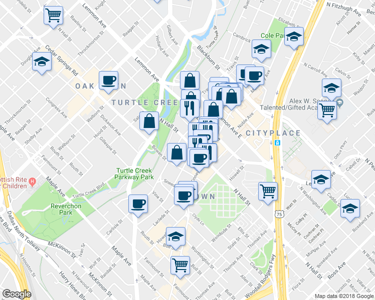 map of restaurants, bars, coffee shops, grocery stores, and more near in Dallas