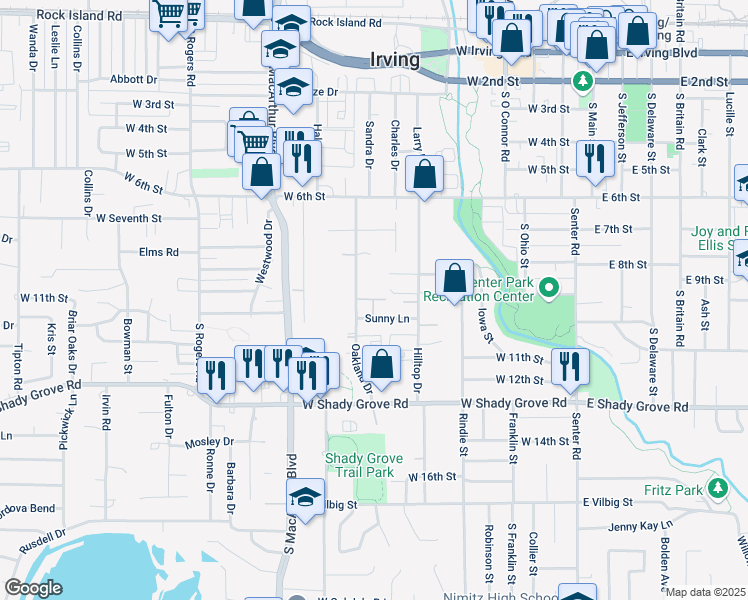 map of restaurants, bars, coffee shops, grocery stores, and more near 624 Hilltop Drive in Irving