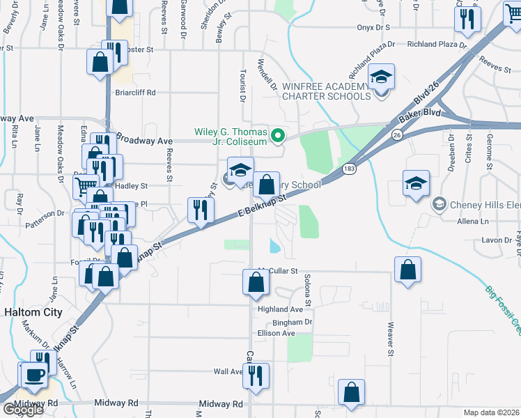 map of restaurants, bars, coffee shops, grocery stores, and more near 6010 Walker Street in Haltom City