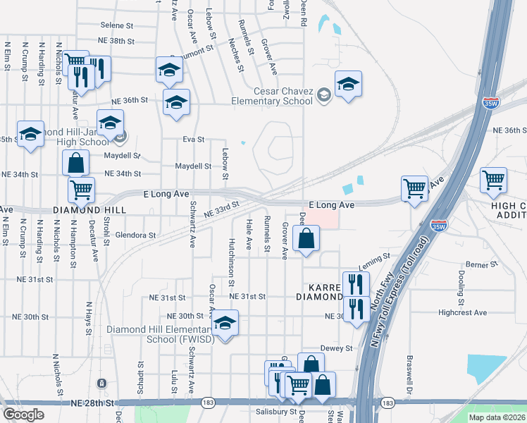 map of restaurants, bars, coffee shops, grocery stores, and more near 3402 Runnels Street in Fort Worth