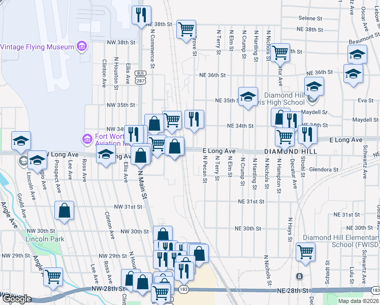 map of restaurants, bars, coffee shops, grocery stores, and more near 3325 North Grove Street in Fort Worth
