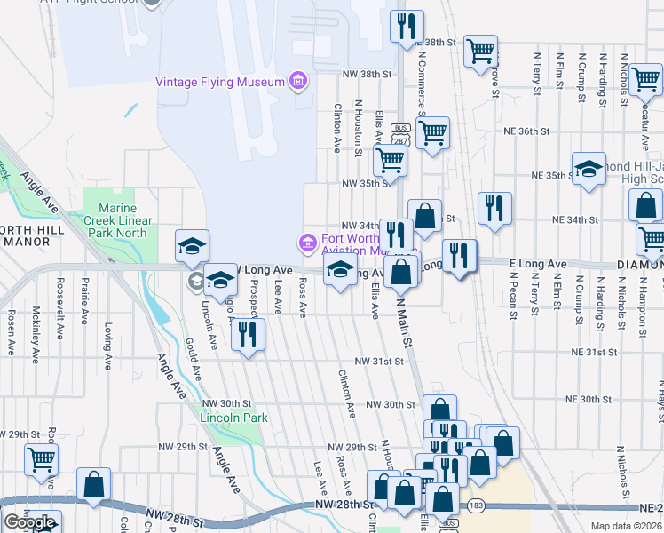 map of restaurants, bars, coffee shops, grocery stores, and more near 3302 Clinton Avenue in Fort Worth