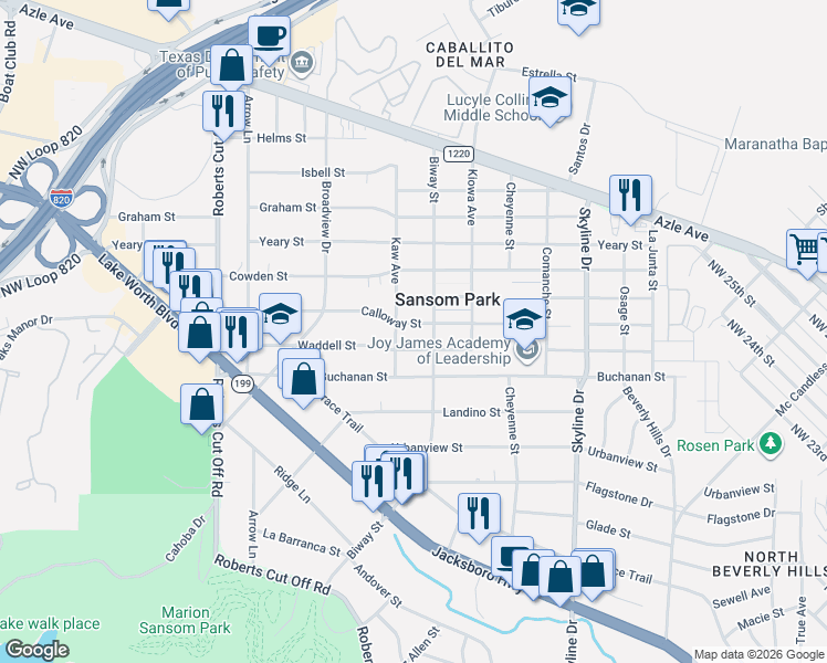 map of restaurants, bars, coffee shops, grocery stores, and more near 5603 Calloway Street in Fort Worth