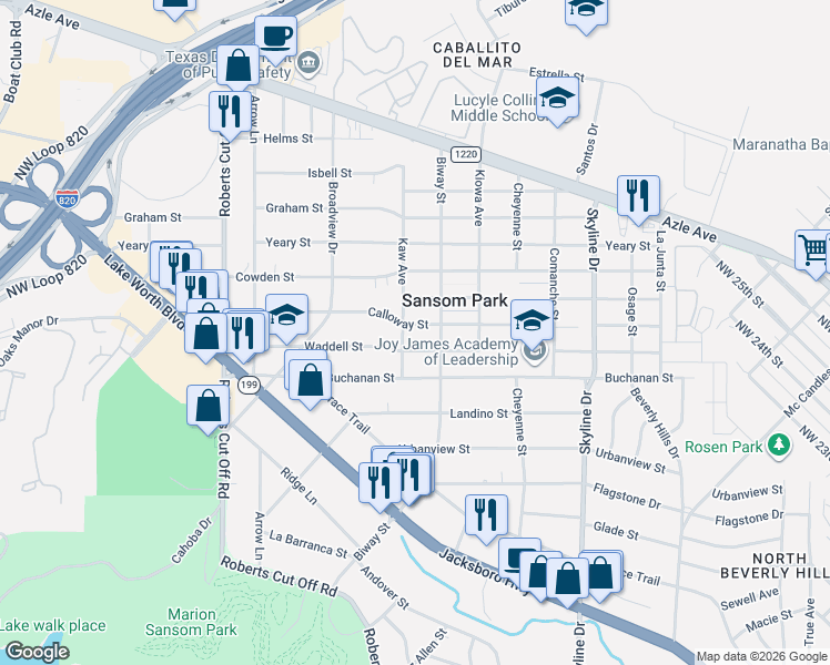 map of restaurants, bars, coffee shops, grocery stores, and more near 5603 Calloway Street in Fort Worth