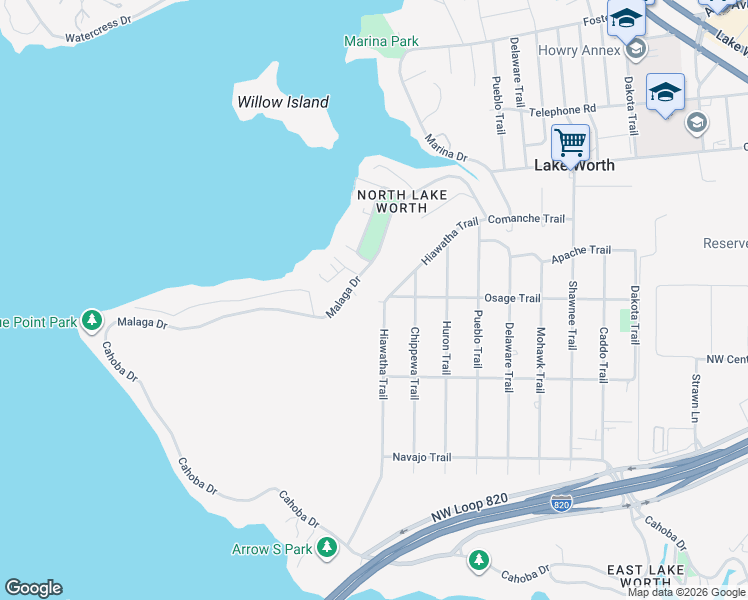 map of restaurants, bars, coffee shops, grocery stores, and more near 3229 Hiawatha Trail in Fort Worth