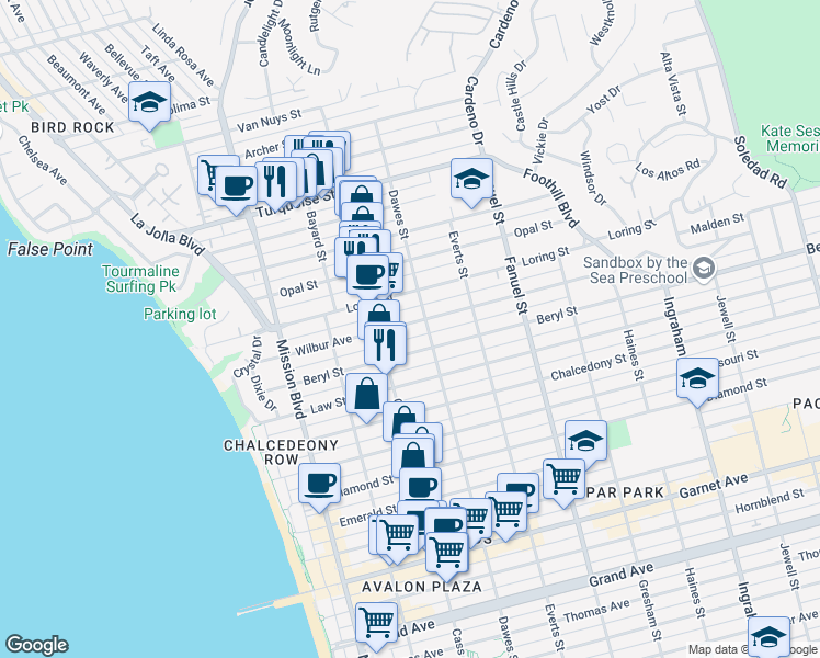 map of restaurants, bars, coffee shops, grocery stores, and more near 1051 Wilbur Avenue in San Diego