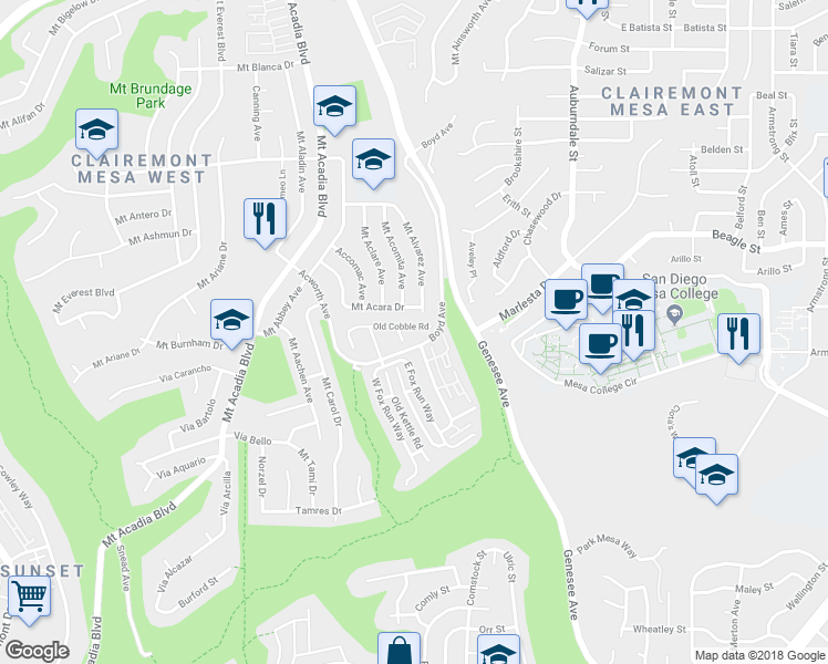 map of restaurants, bars, coffee shops, grocery stores, and more near 3735 Old Cobble Road in San Diego