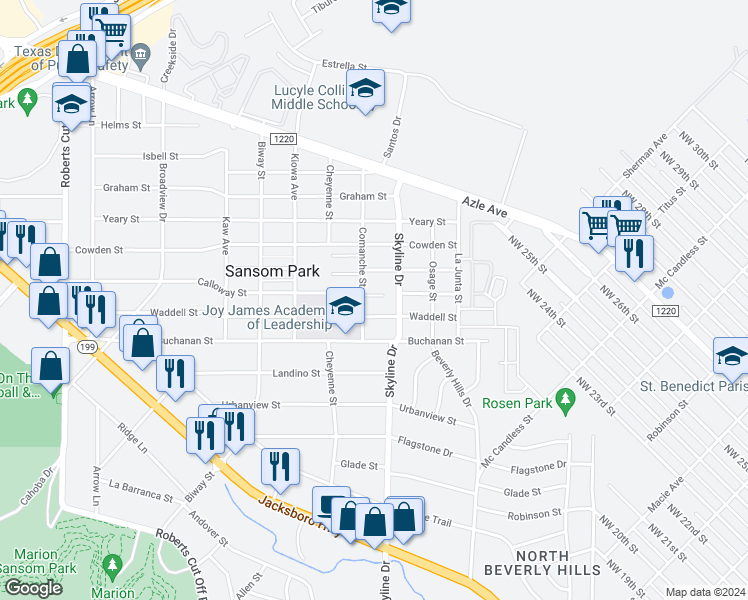 map of restaurants, bars, coffee shops, grocery stores, and more near 5217 Calloway Street in Fort Worth
