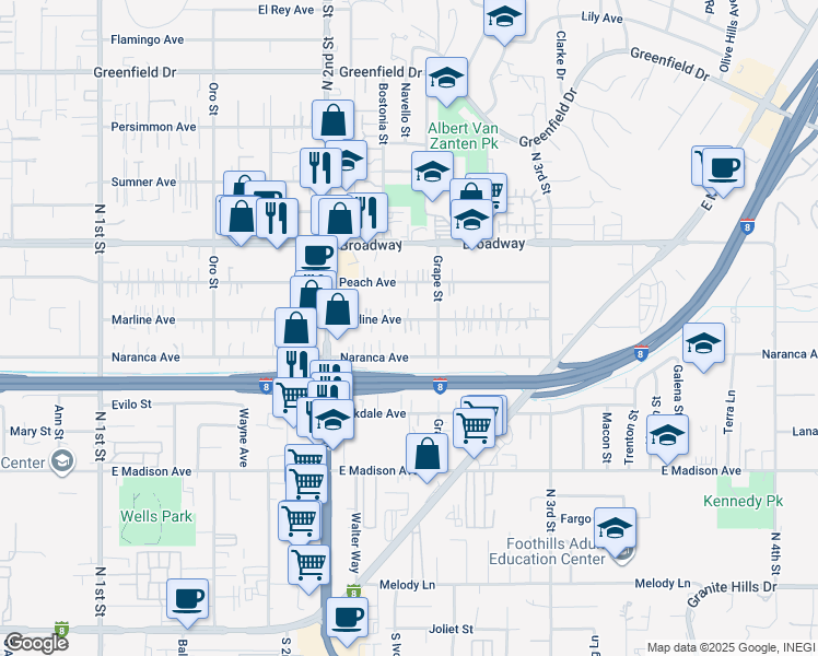 map of restaurants, bars, coffee shops, grocery stores, and more near 1363 Marline Avenue in El Cajon