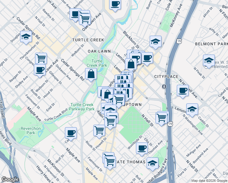 map of restaurants, bars, coffee shops, grocery stores, and more near 3235 Cole Avenue in Dallas