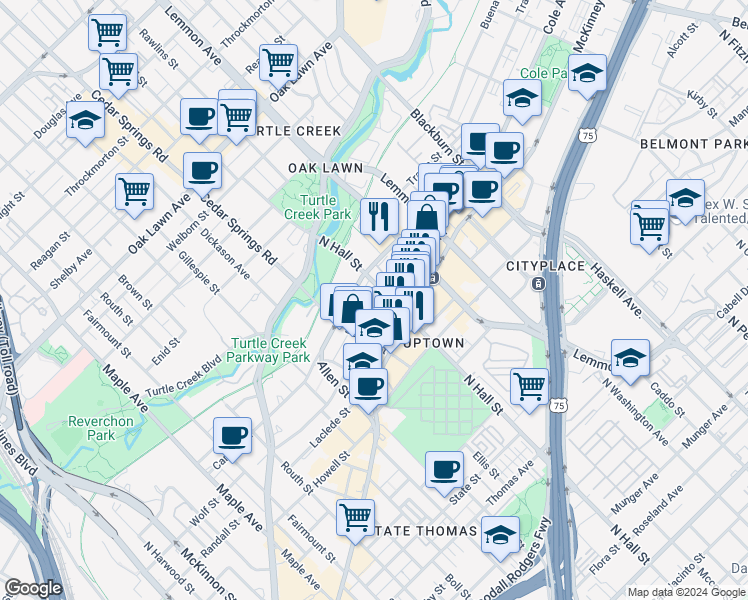map of restaurants, bars, coffee shops, grocery stores, and more near in Dallas