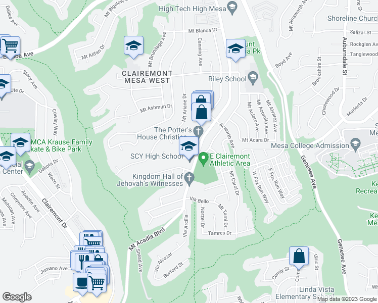 map of restaurants, bars, coffee shops, grocery stores, and more near 5451 Mount Burnham Drive in San Diego