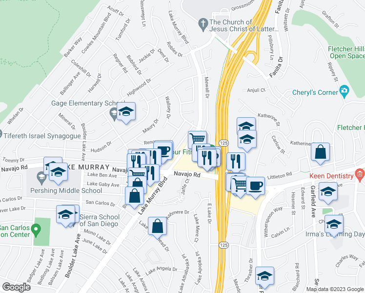 map of restaurants, bars, coffee shops, grocery stores, and more near 8725 Tommy Drive in San Diego