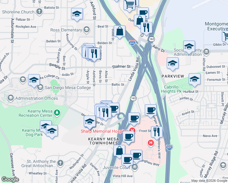 map of restaurants, bars, coffee shops, grocery stores, and more near 3328 Budd Street in San Diego