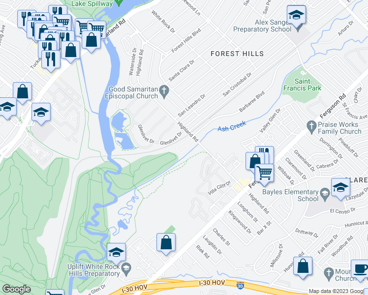 map of restaurants, bars, coffee shops, grocery stores, and more near 1802 Highland Road in Dallas