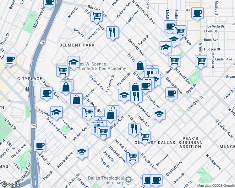 map of restaurants, bars, coffee shops, grocery stores, and more near 1917 California Drive in Dallas