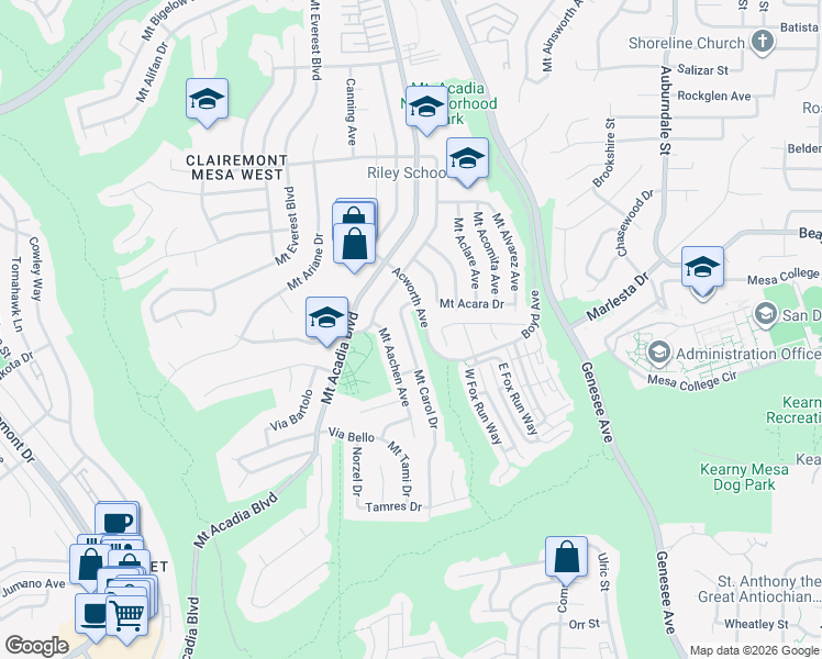 map of restaurants, bars, coffee shops, grocery stores, and more near 3485 Mount Carol Drive in San Diego