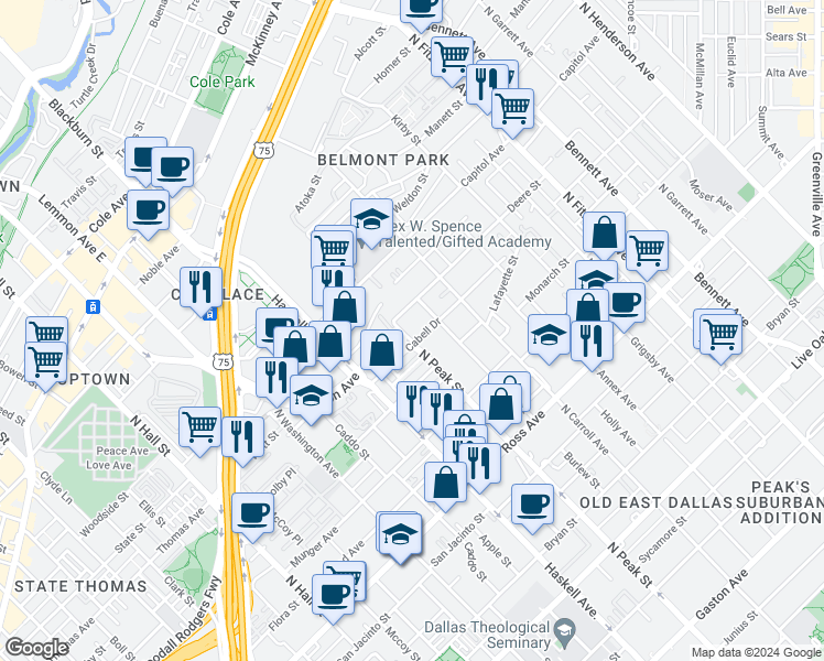 map of restaurants, bars, coffee shops, grocery stores, and more near 2202 North Peak Street in Dallas