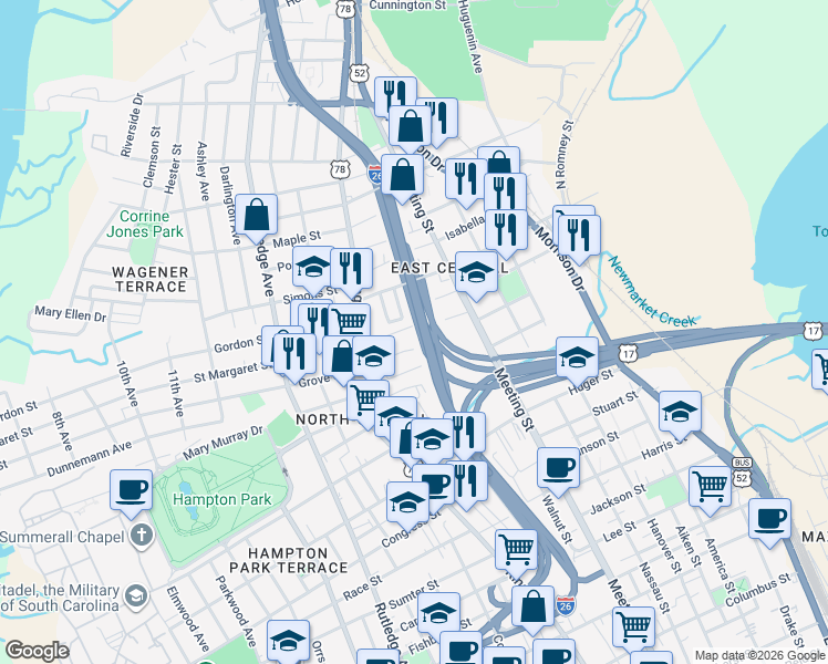 map of restaurants, bars, coffee shops, grocery stores, and more near 27 Poinsett Street in Charleston