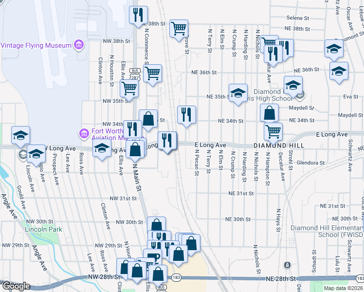map of restaurants, bars, coffee shops, grocery stores, and more near 3325 North Grove Street in Fort Worth