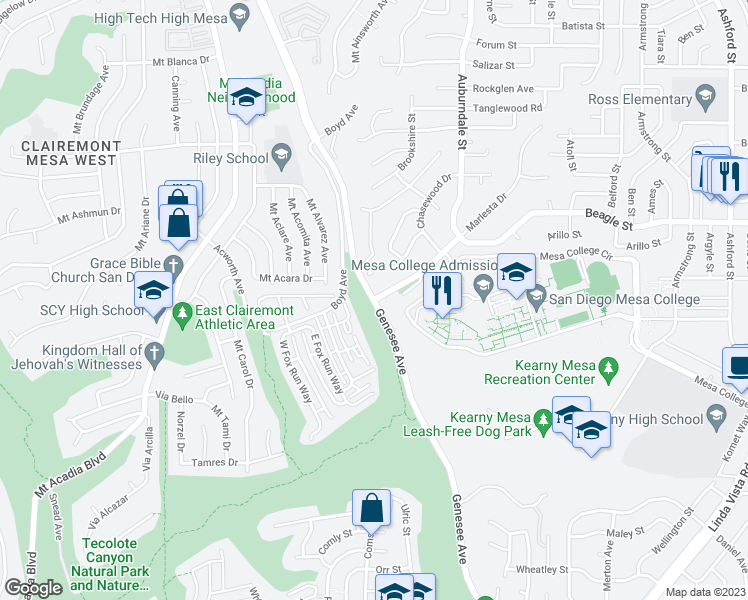 map of restaurants, bars, coffee shops, grocery stores, and more near Genesee Ave & Marlesta Dr in San Diego