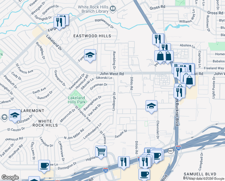 map of restaurants, bars, coffee shops, grocery stores, and more near 2807 Lindbergh Drive in Dallas