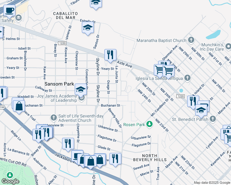 map of restaurants, bars, coffee shops, grocery stores, and more near 5009 Calloway Street in Fort Worth