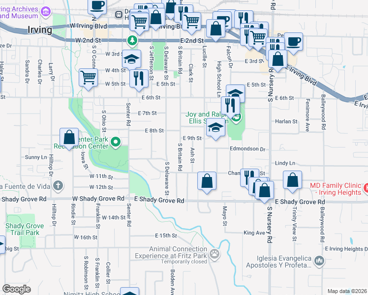 map of restaurants, bars, coffee shops, grocery stores, and more near 914 South Britain Road in Irving