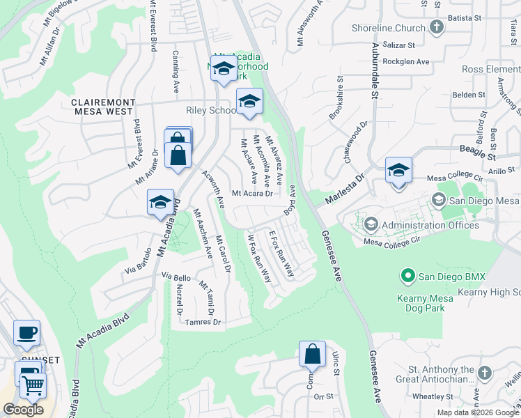 map of restaurants, bars, coffee shops, grocery stores, and more near 3494 Old Spring Court in San Diego