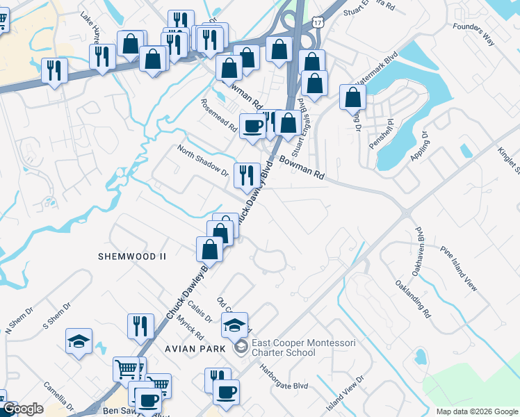 map of restaurants, bars, coffee shops, grocery stores, and more near in Mount Pleasant