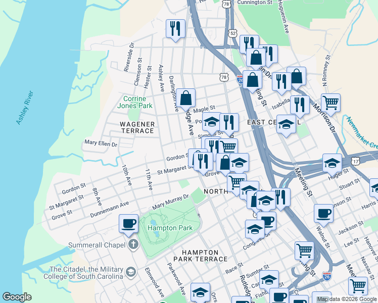 map of restaurants, bars, coffee shops, grocery stores, and more near 2 Gordon Street in Charleston