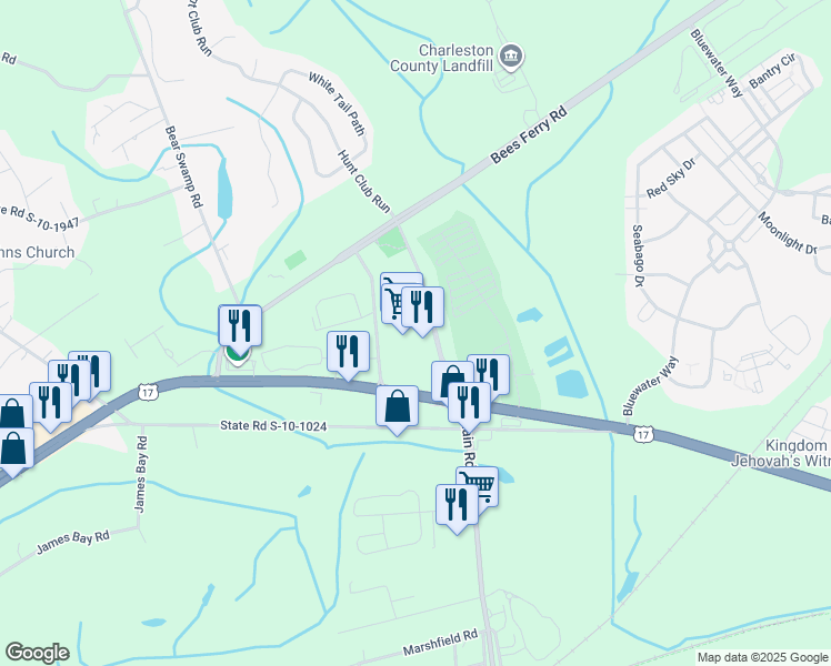 map of restaurants, bars, coffee shops, grocery stores, and more near 3642 Savannah Highway in Johns Island