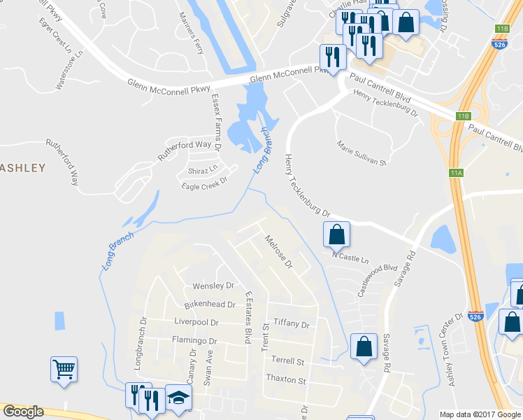 map of restaurants, bars, coffee shops, grocery stores, and more near 2406 Valentine Way in Charleston
