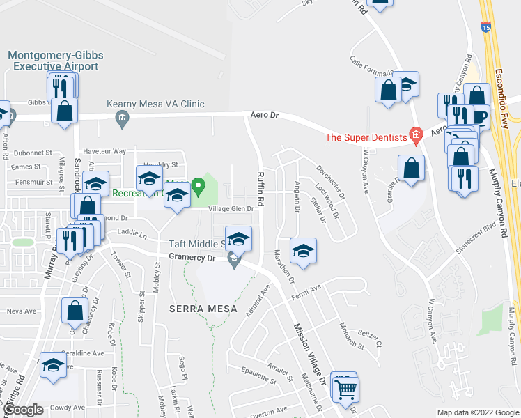 map of restaurants, bars, coffee shops, grocery stores, and more near Ruffin Road & Village Glen Drive in San Diego