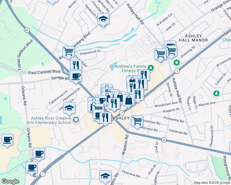 map of restaurants, bars, coffee shops, grocery stores, and more near 1742 Sam Rittenberg Boulevard in Charleston