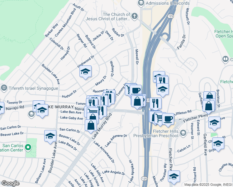 map of restaurants, bars, coffee shops, grocery stores, and more near 8725 Tommy Drive in San Diego