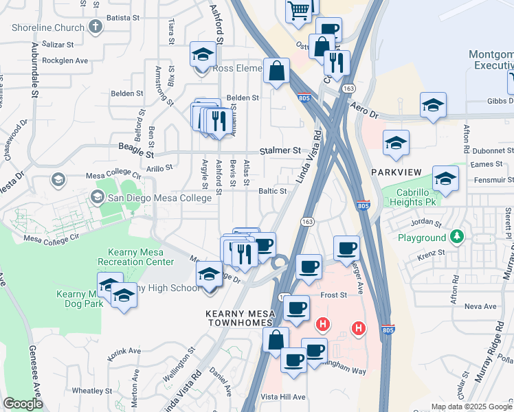 map of restaurants, bars, coffee shops, grocery stores, and more near 3328 Budd Street in San Diego