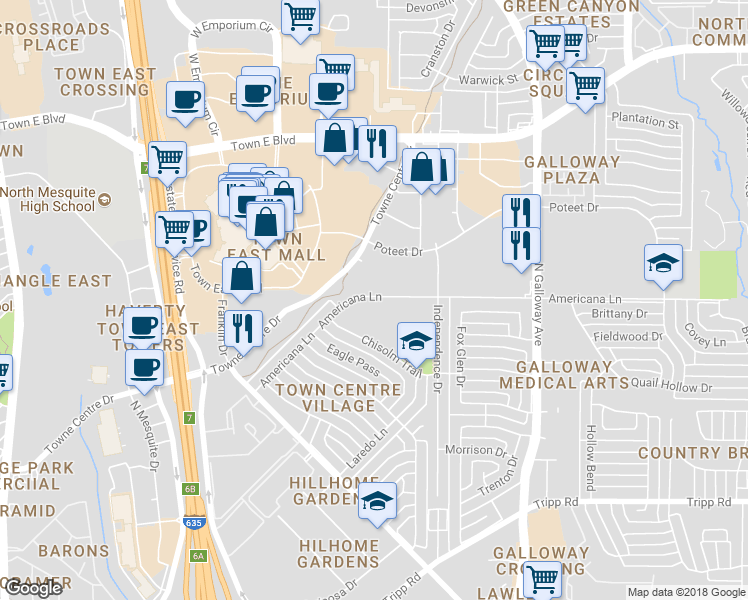 map of restaurants, bars, coffee shops, grocery stores, and more near 1204 Americana Lane in Mesquite