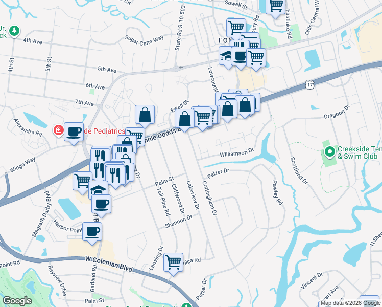 map of restaurants, bars, coffee shops, grocery stores, and more near 943 Cottingham Drive in Mount Pleasant