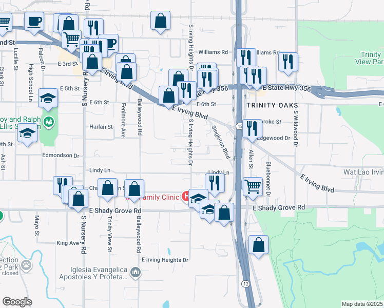 map of restaurants, bars, coffee shops, grocery stores, and more near 904 East Irving Heights Drive in Irving