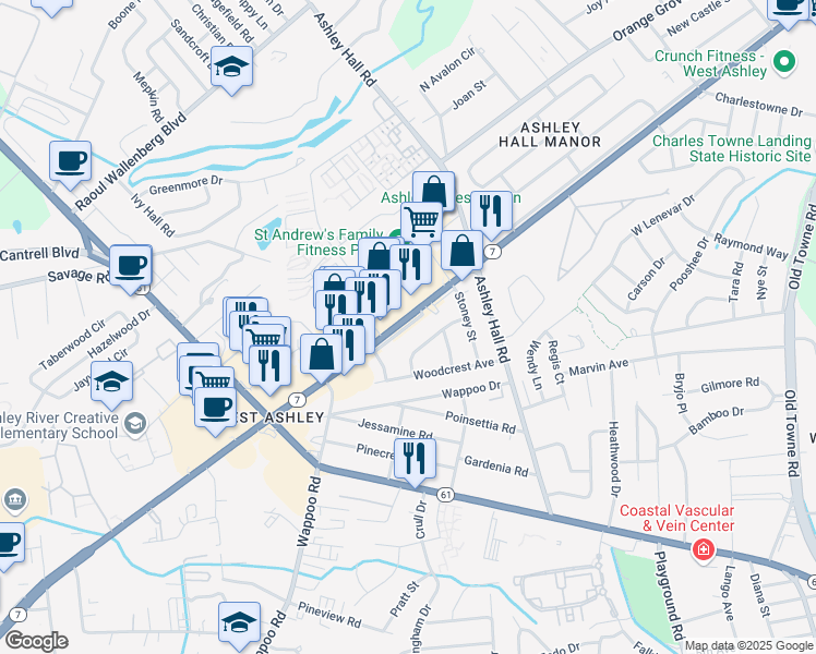 map of restaurants, bars, coffee shops, grocery stores, and more near 1623A Memminger Avenue in Charleston