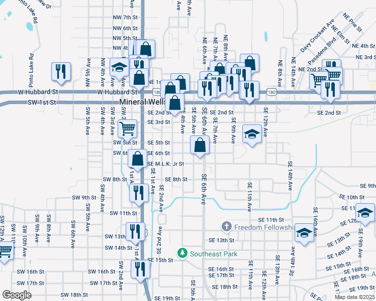 map of restaurants, bars, coffee shops, grocery stores, and more near 503 Southeast 6th Street in Mineral Wells