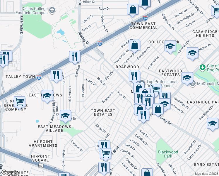 map of restaurants, bars, coffee shops, grocery stores, and more near 3122 Hula Drive in Mesquite