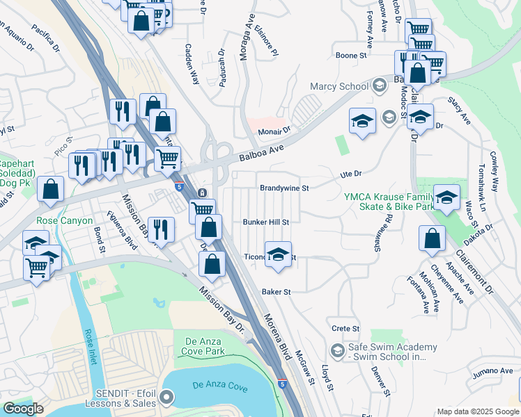 map of restaurants, bars, coffee shops, grocery stores, and more near 3640 Princeton Avenue in San Diego