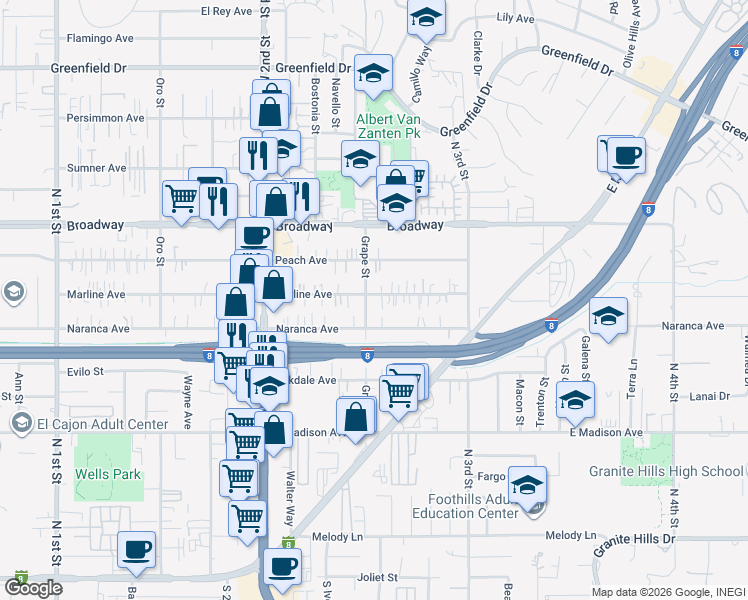 map of restaurants, bars, coffee shops, grocery stores, and more near 1405 Marline Avenue in El Cajon
