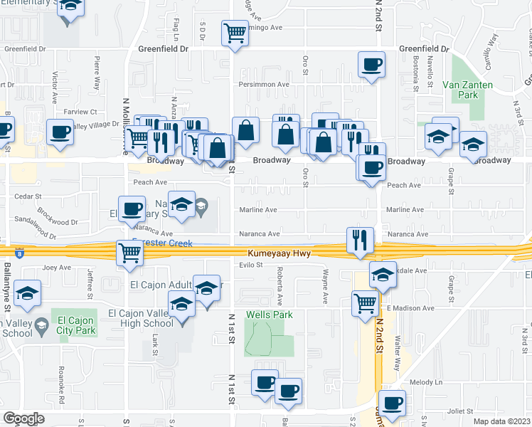 map of restaurants, bars, coffee shops, grocery stores, and more near 1137 Marline Avenue in El Cajon