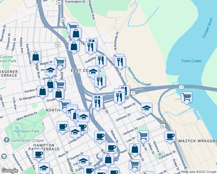 map of restaurants, bars, coffee shops, grocery stores, and more near 11 Cedar Street in Charleston