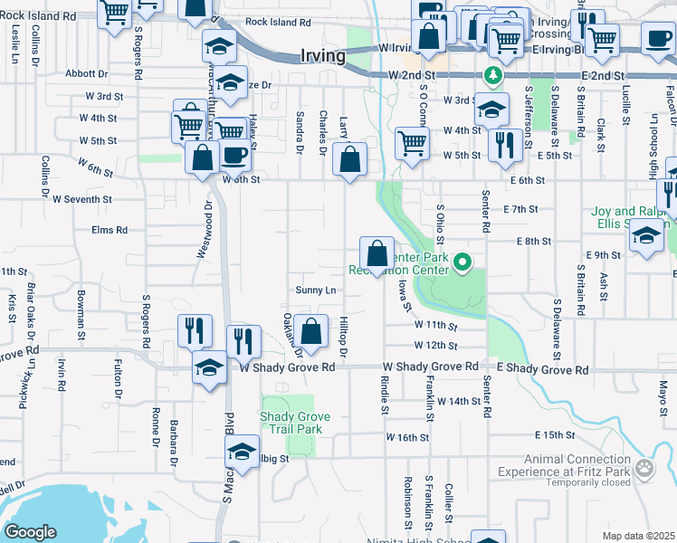 map of restaurants, bars, coffee shops, grocery stores, and more near 600 Hilltop Pointe in Irving