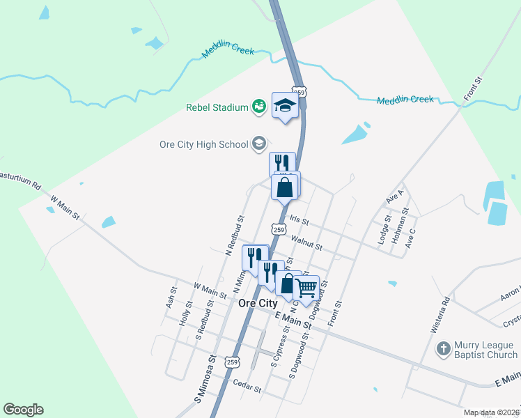 map of restaurants, bars, coffee shops, grocery stores, and more near 209 North Mimosa Street in Ore City