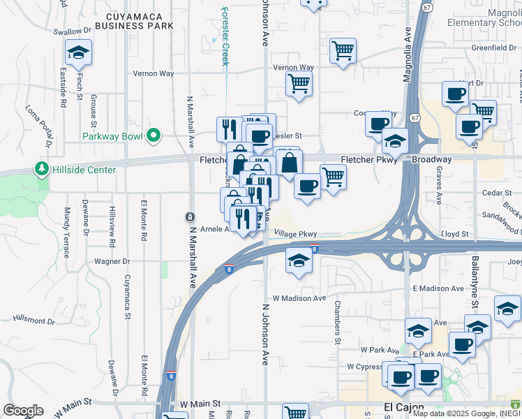 map of restaurants, bars, coffee shops, grocery stores, and more near 760 North Johnson Avenue in El Cajon